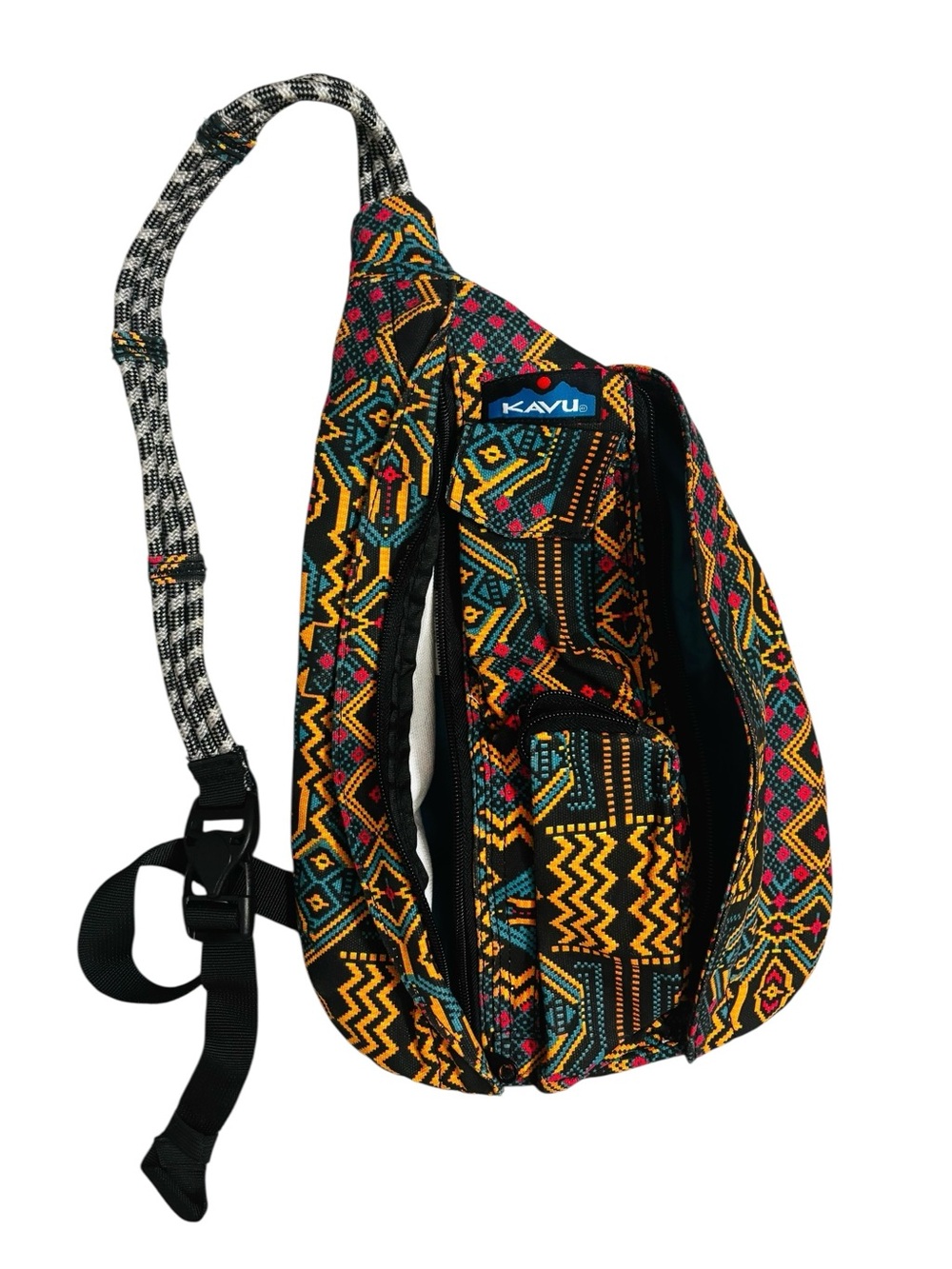 Kavu Black Teal Yellow Multicolor Adjustable Single Strap Sling Bag Like New